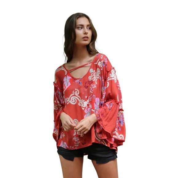 Angie Floral Ruffle Seam Bell Sleeve Tunic - Picture 1 of 6